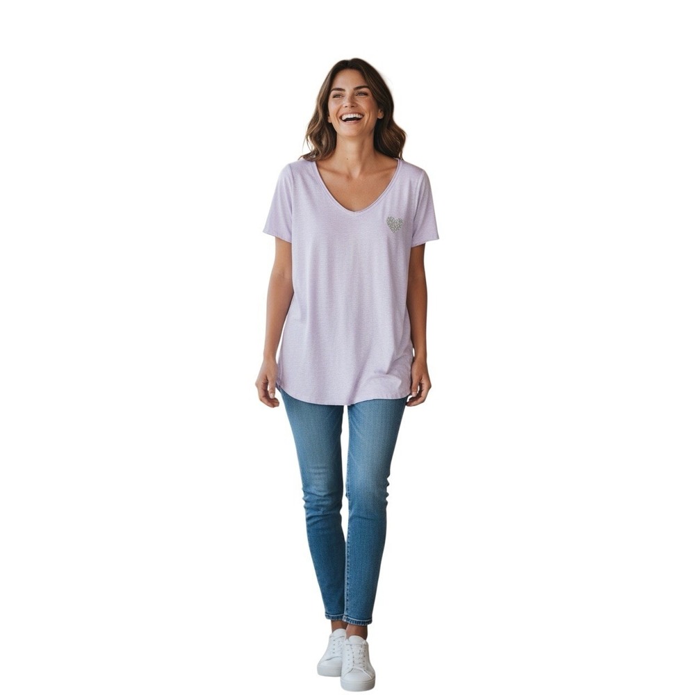 Made in Italy Lavender V Neck Tee Silver Heart Cotton Raw Hem One Size